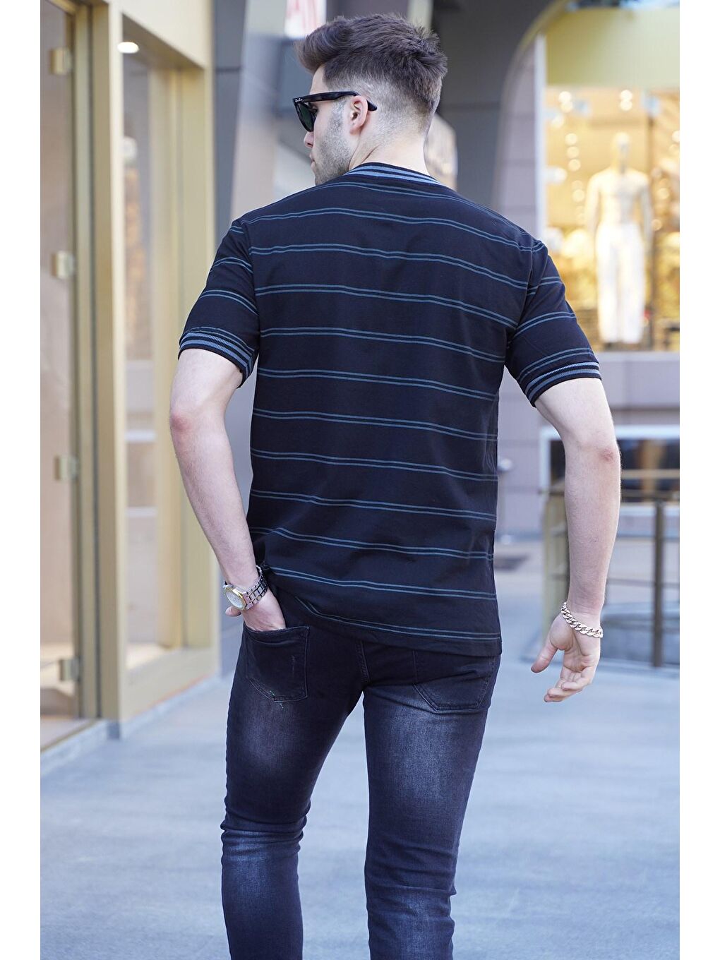 Siyah Çizgili Polo Yaka Erkek Tişört 5874-1