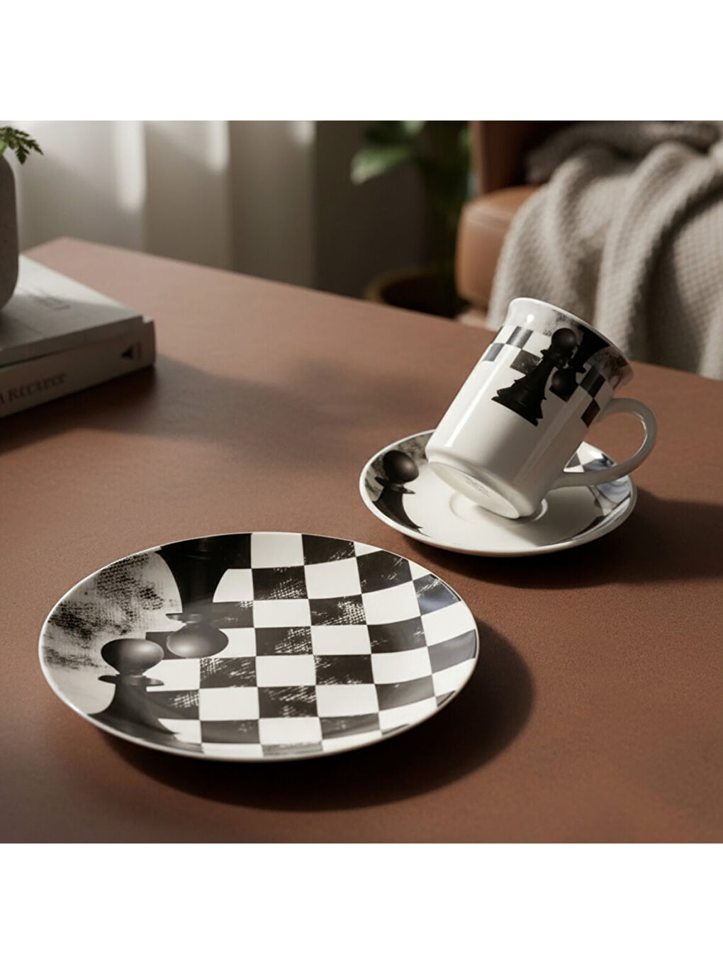 Ekru Camelia 3 Parça Çay Takımı Satranç Piyon-2