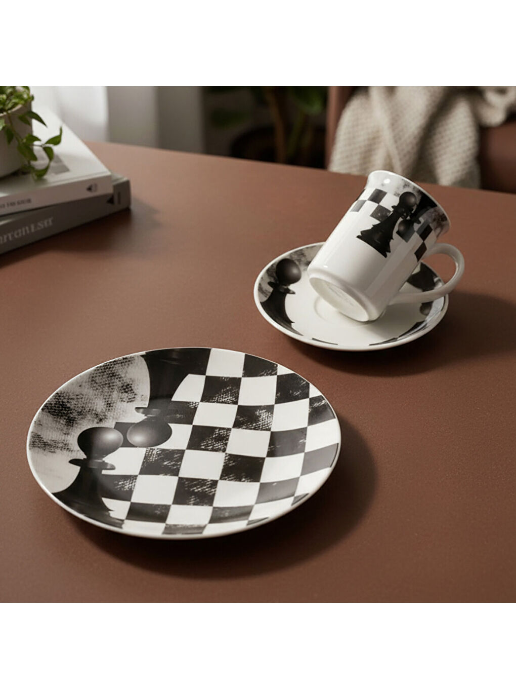 Ekru Camelia 3 Parça Çay Takımı Satranç Piyon-3