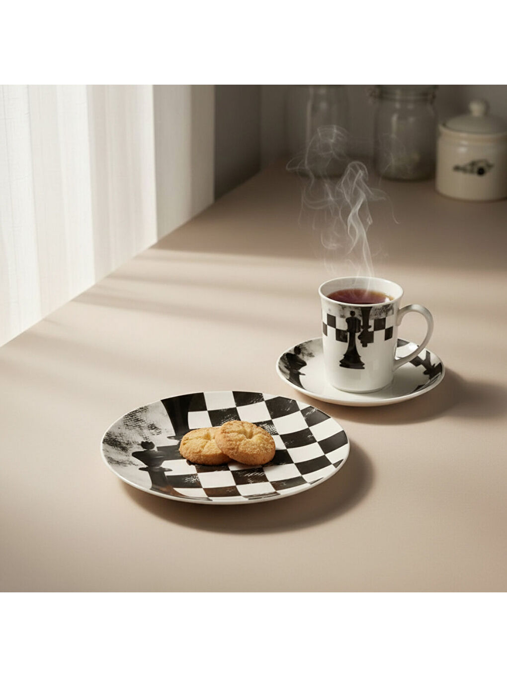 Ekru Camelia 3 Parça Çay Takımı Satranç Şah-1