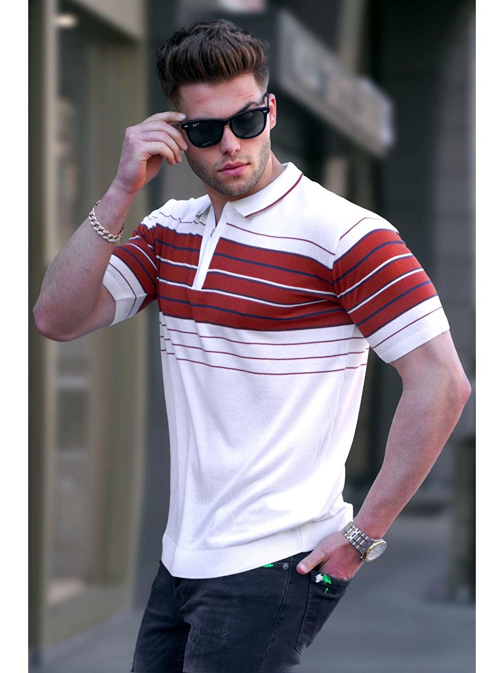 Erkek Beyaz Polo Yaka Fermuarlı Tişört 5733