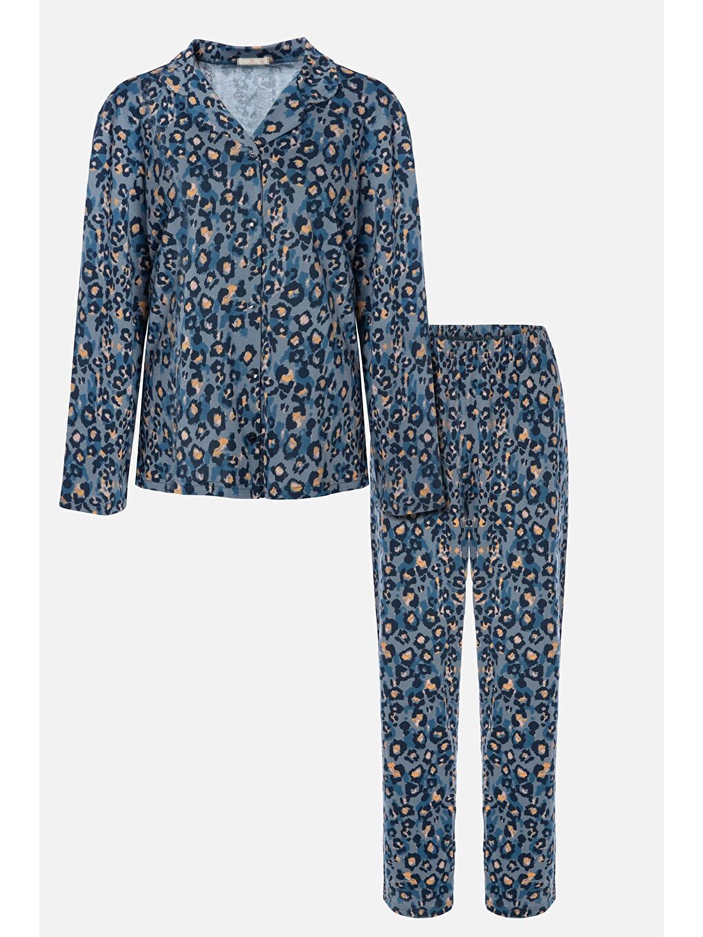 Mercan Kadın Mavi Leopar Desenli Düğmeli Pamuklu Gömlek Yaka Uzun Kollu pijama takımı