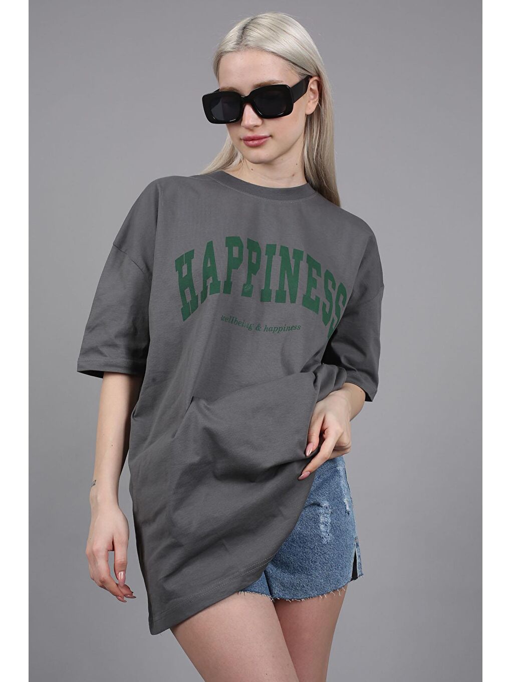 Gri Kadın Füme Baskılı Oversize Tişört Mg1230