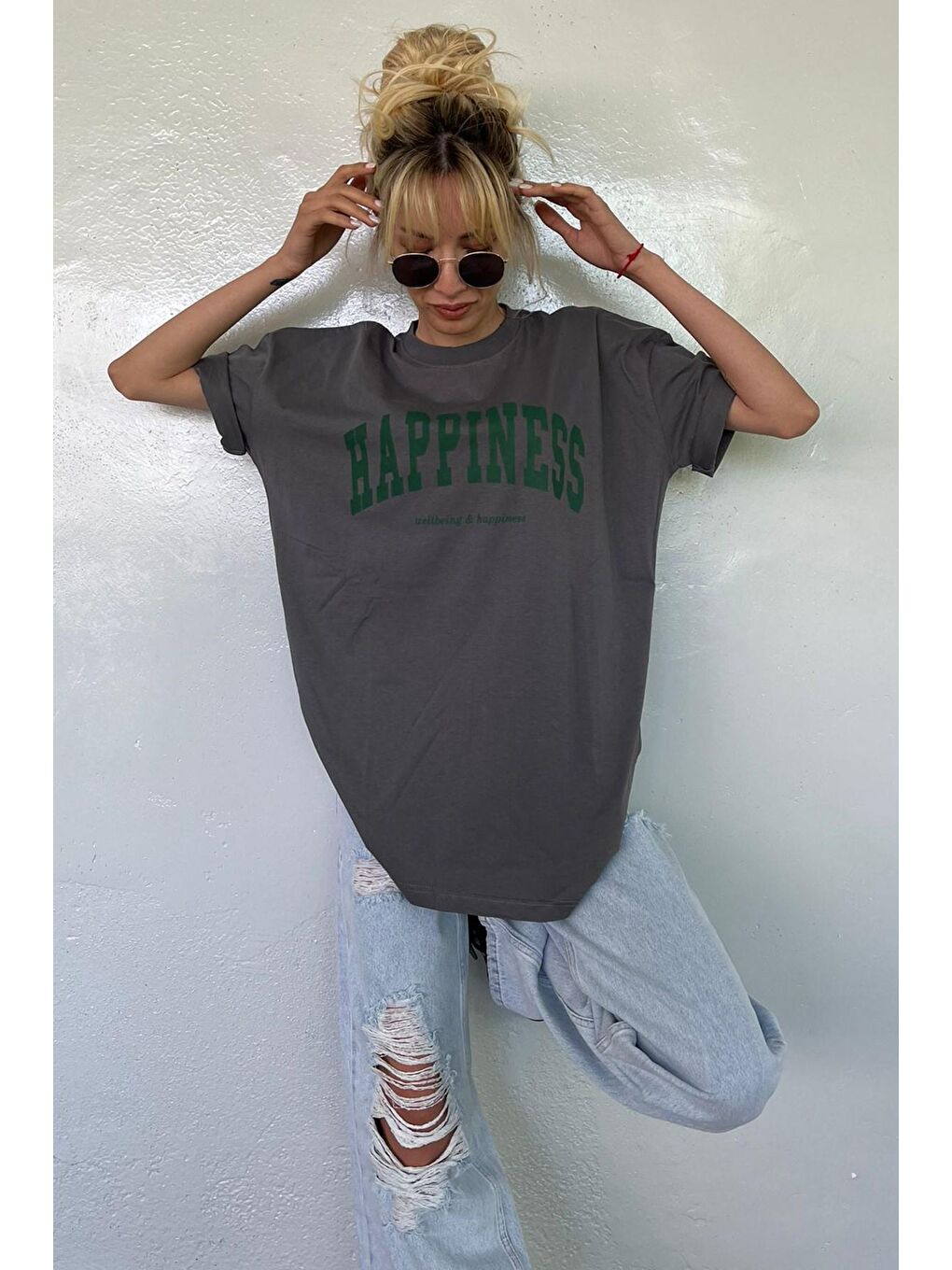 Gri Kadın Füme Baskılı Oversize Tişört Mg1230-1