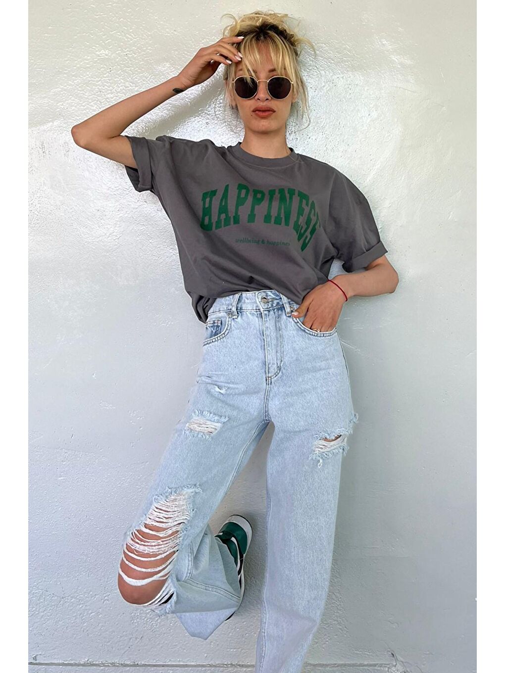 Gri Kadın Füme Baskılı Oversize Tişört Mg1230-2