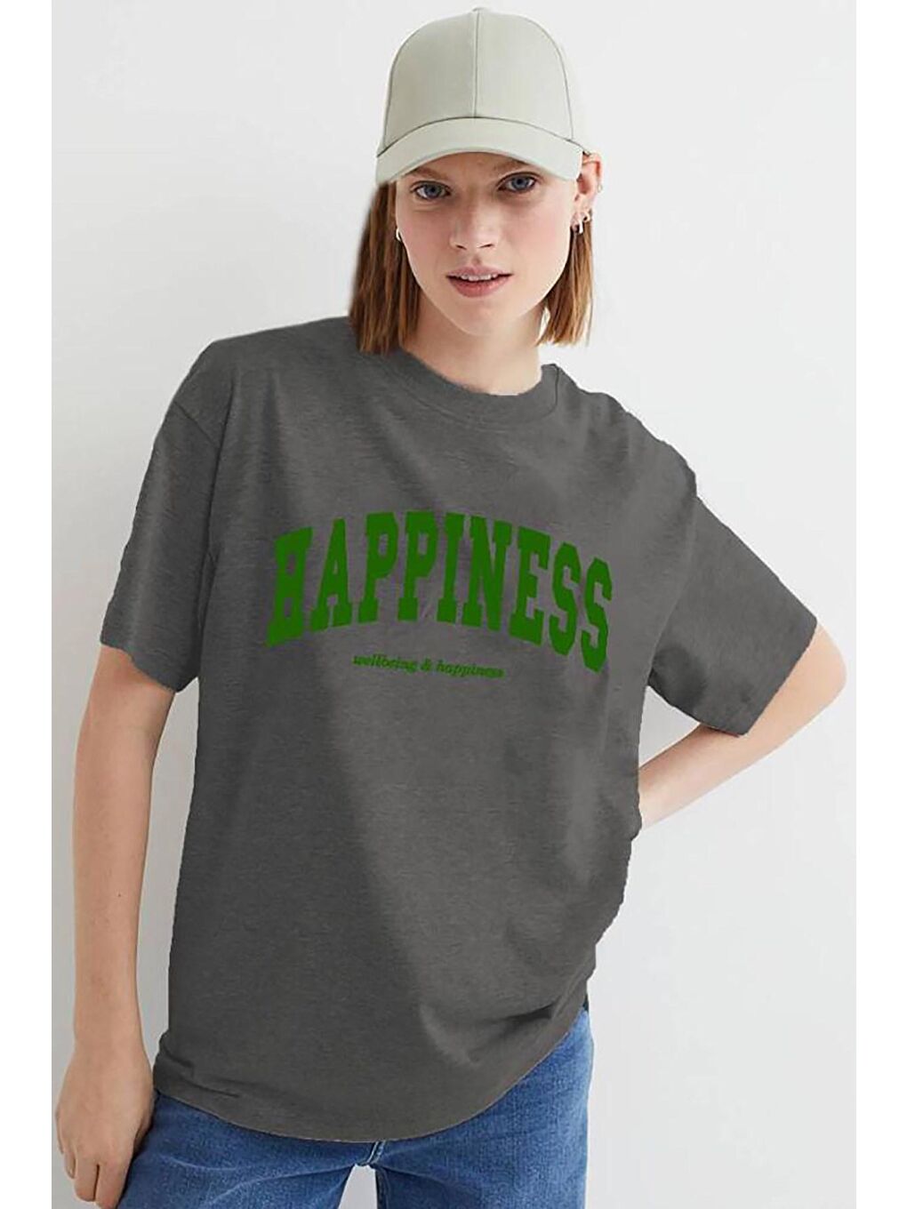 Gri Kadın Füme Baskılı Oversize Tişört Mg1230-3