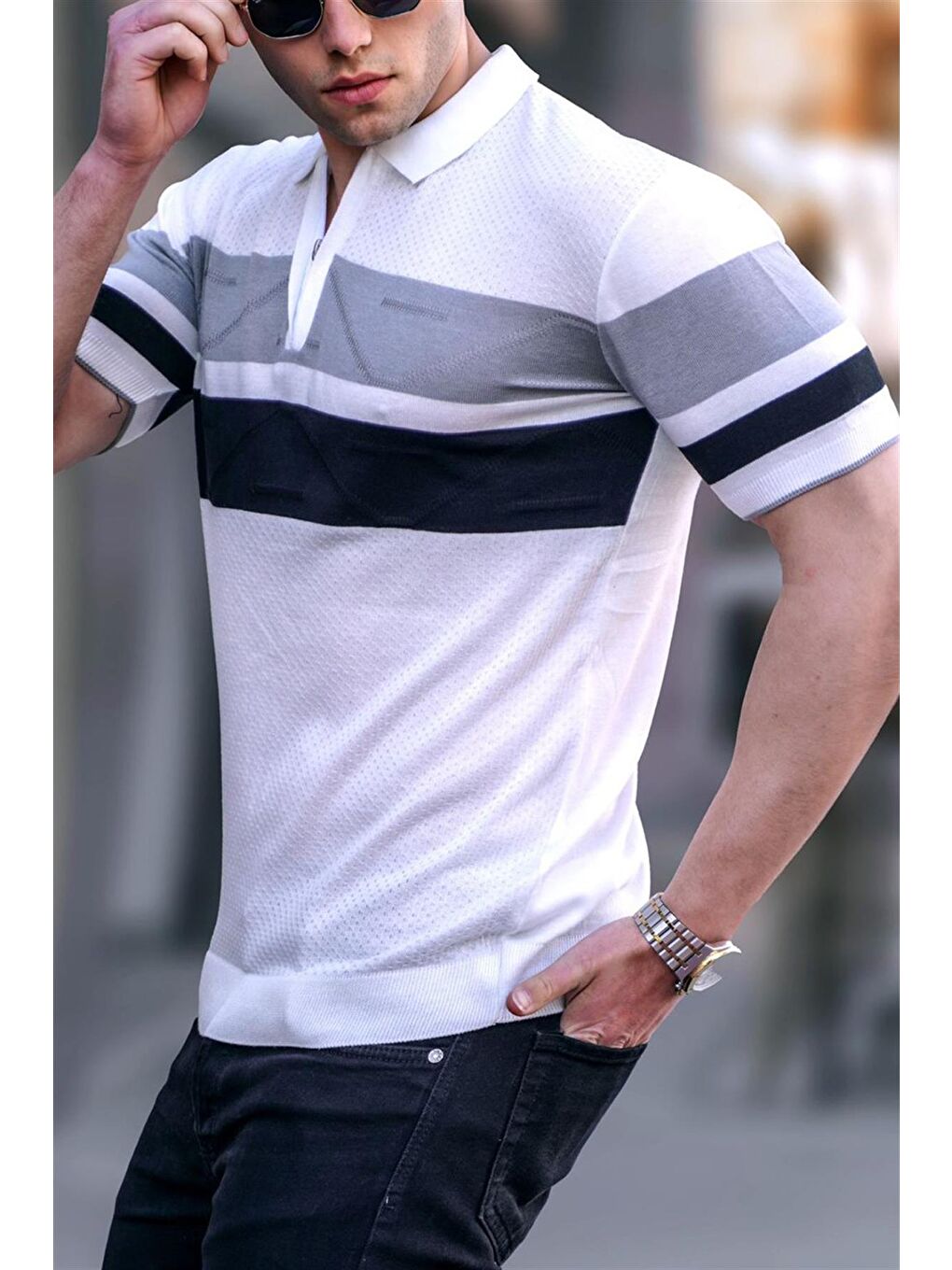 Erkek Beyaz  Polo Yaka Fermuarlı Tişört 5730-2