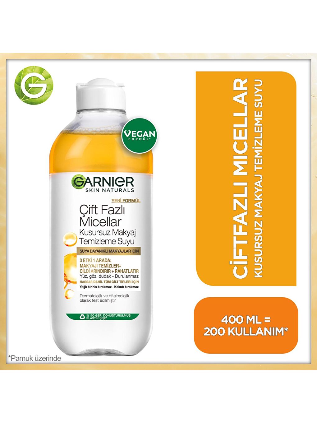 GARNIER Şeffaf Skin Naturals Çift Fazlı Micellar Kusursuz Makyaj Temizleme Suyu (400 ml)