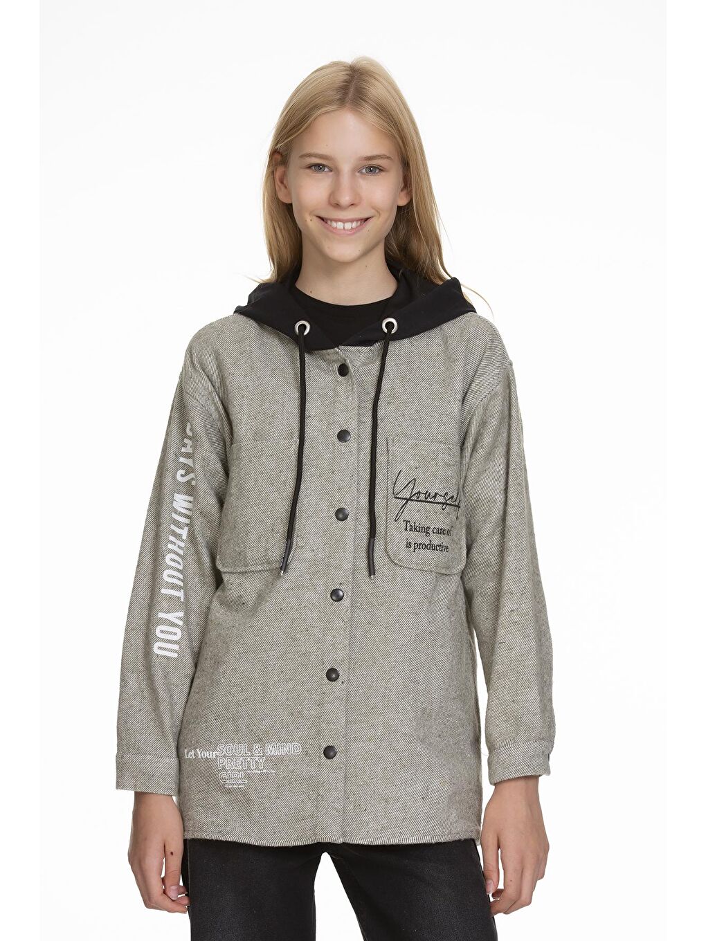 Haki Kız Çocuk Kapüşonlu Baskılı Gömlek 9-14 Yaş Lx167-1