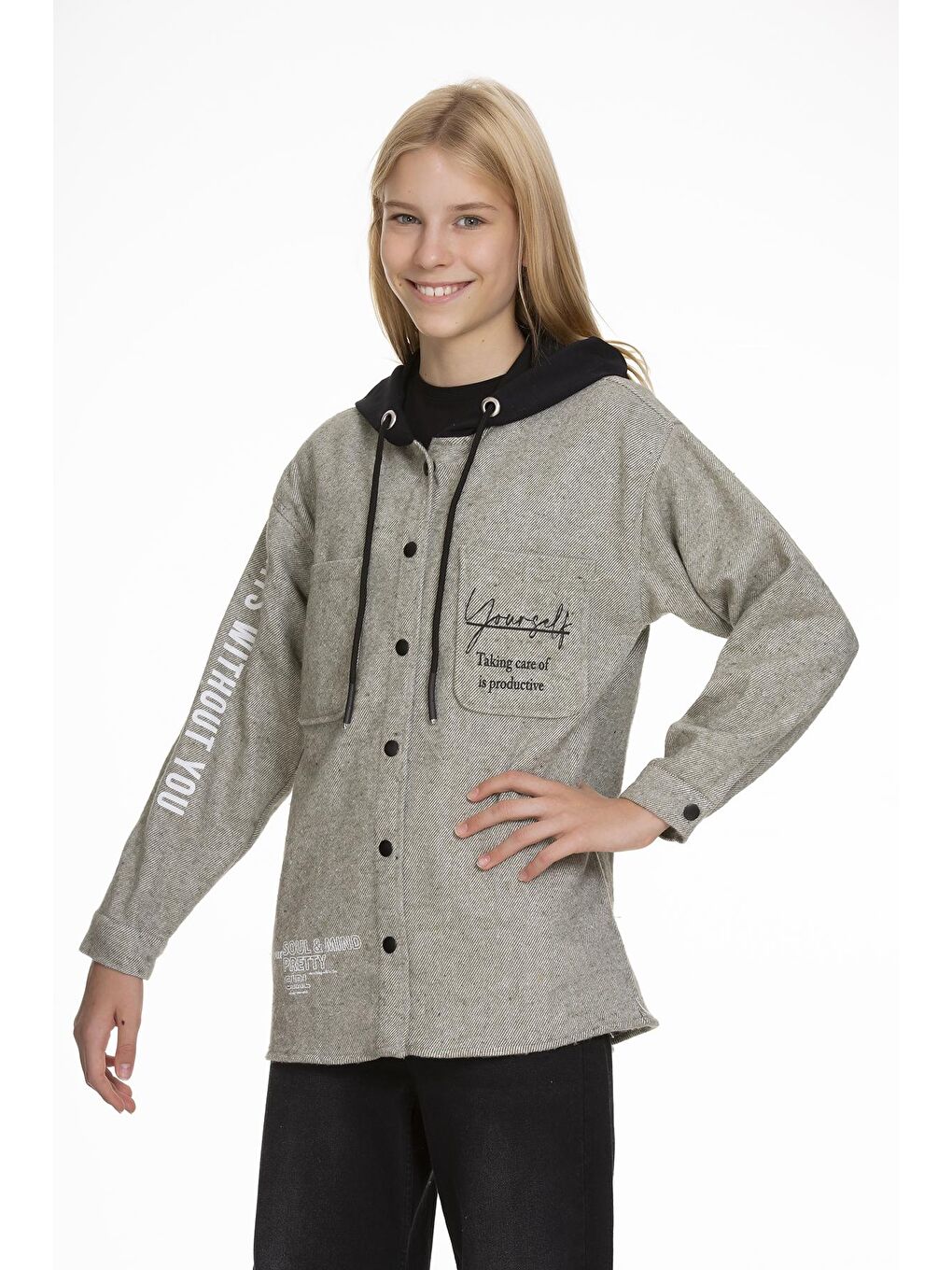 Haki Kız Çocuk Kapüşonlu Baskılı Gömlek 9-14 Yaş Lx167-2