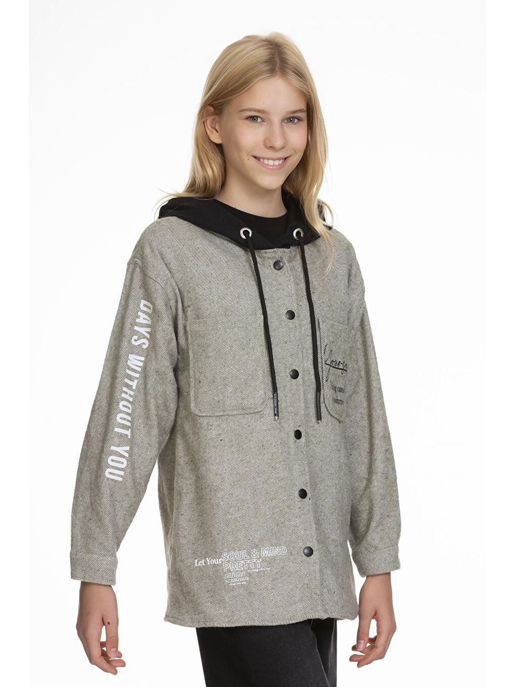 Haki Kız Çocuk Kapüşonlu Baskılı Gömlek 9-14 Yaş Lx167-3