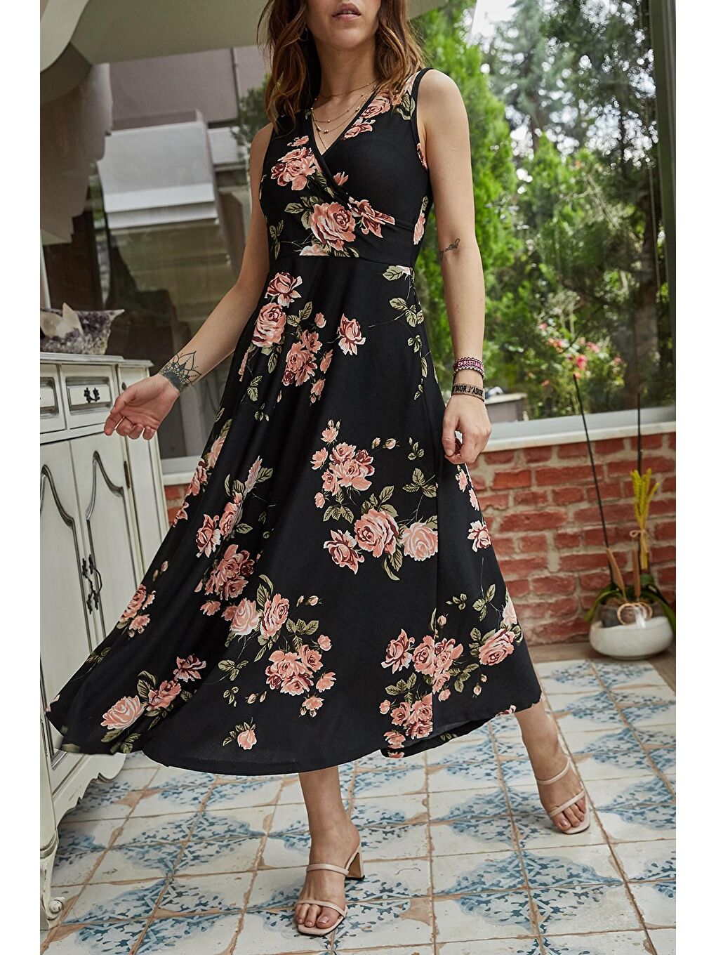 Siyah Çiçek Desenli Kruvaze Elbise 9YXK6-41381-02