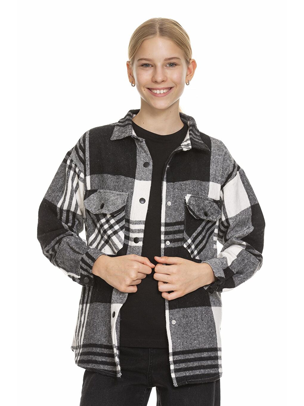 Siyah Kız Çocuk Sırtı Pileli Ekose Gömlek 9-14 Yaş Lx170
