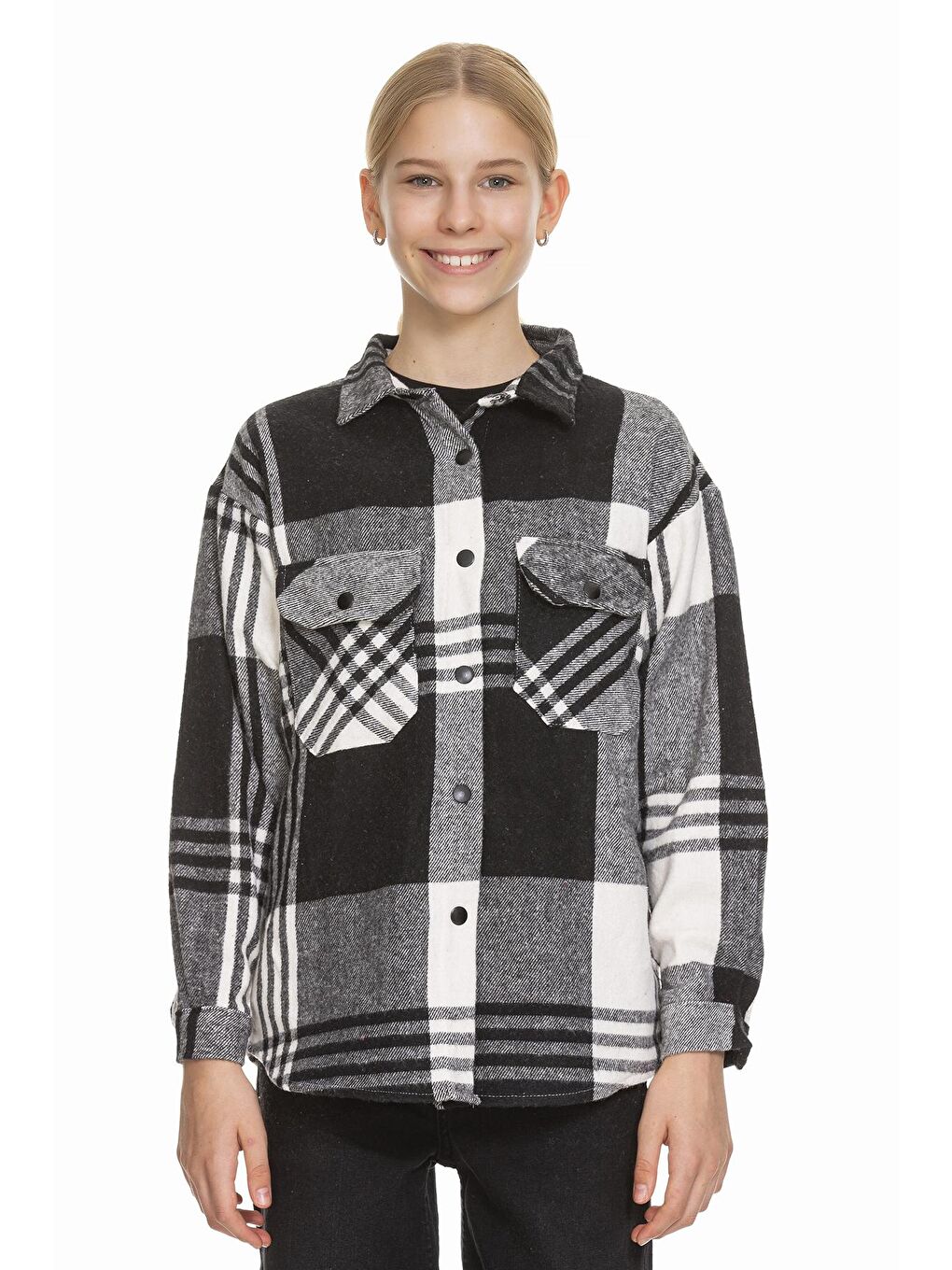 Siyah Kız Çocuk Sırtı Pileli Ekose Gömlek 9-14 Yaş Lx170-1