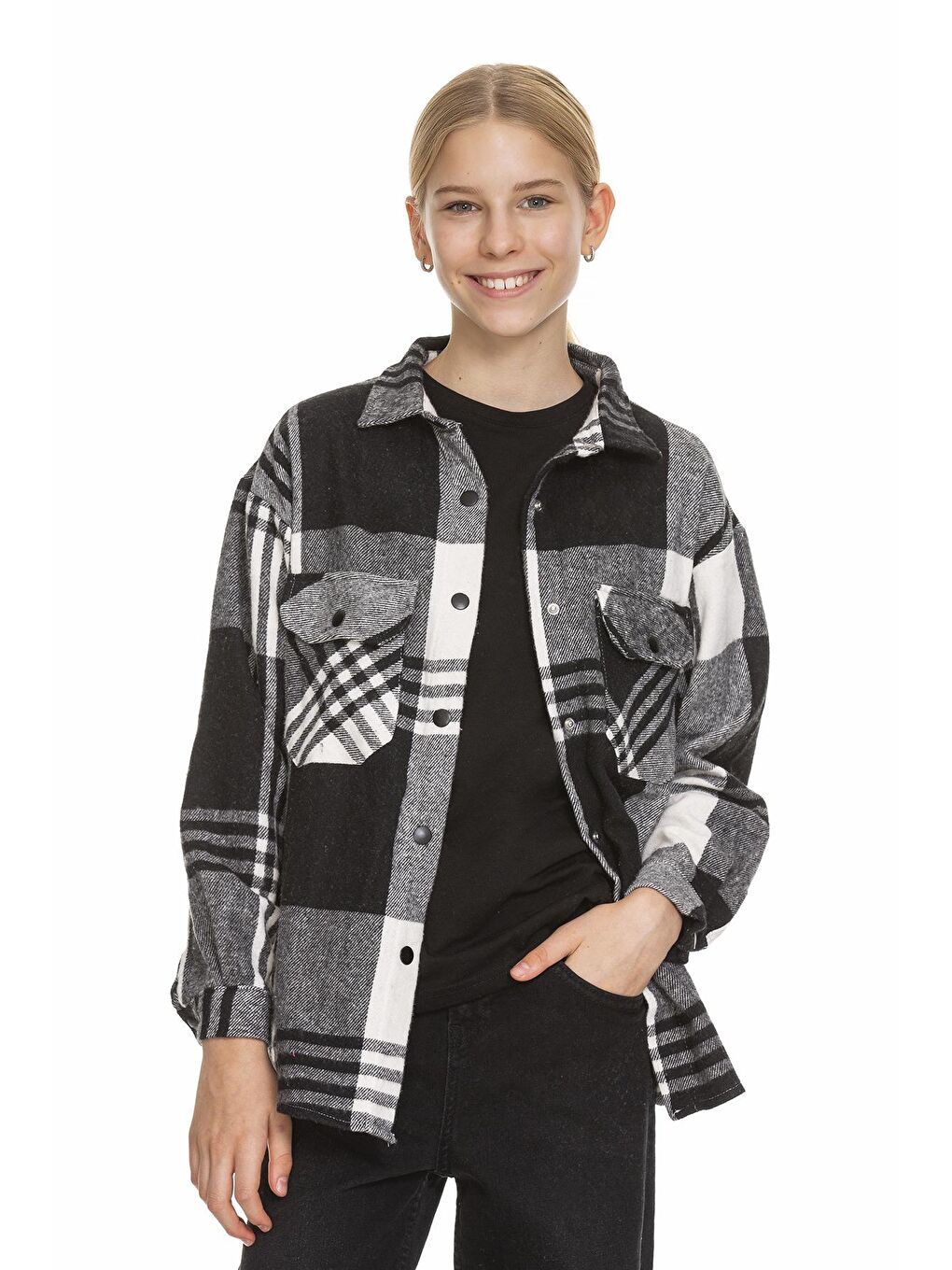Siyah Kız Çocuk Sırtı Pileli Ekose Gömlek 9-14 Yaş Lx170-2