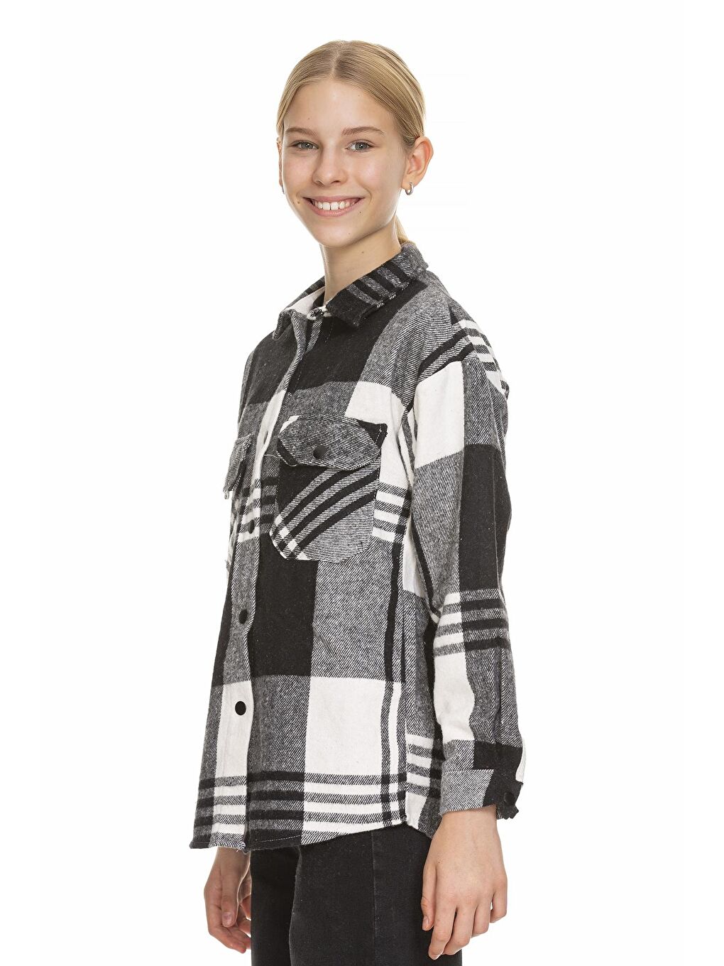 Siyah Kız Çocuk Sırtı Pileli Ekose Gömlek 9-14 Yaş Lx170-3