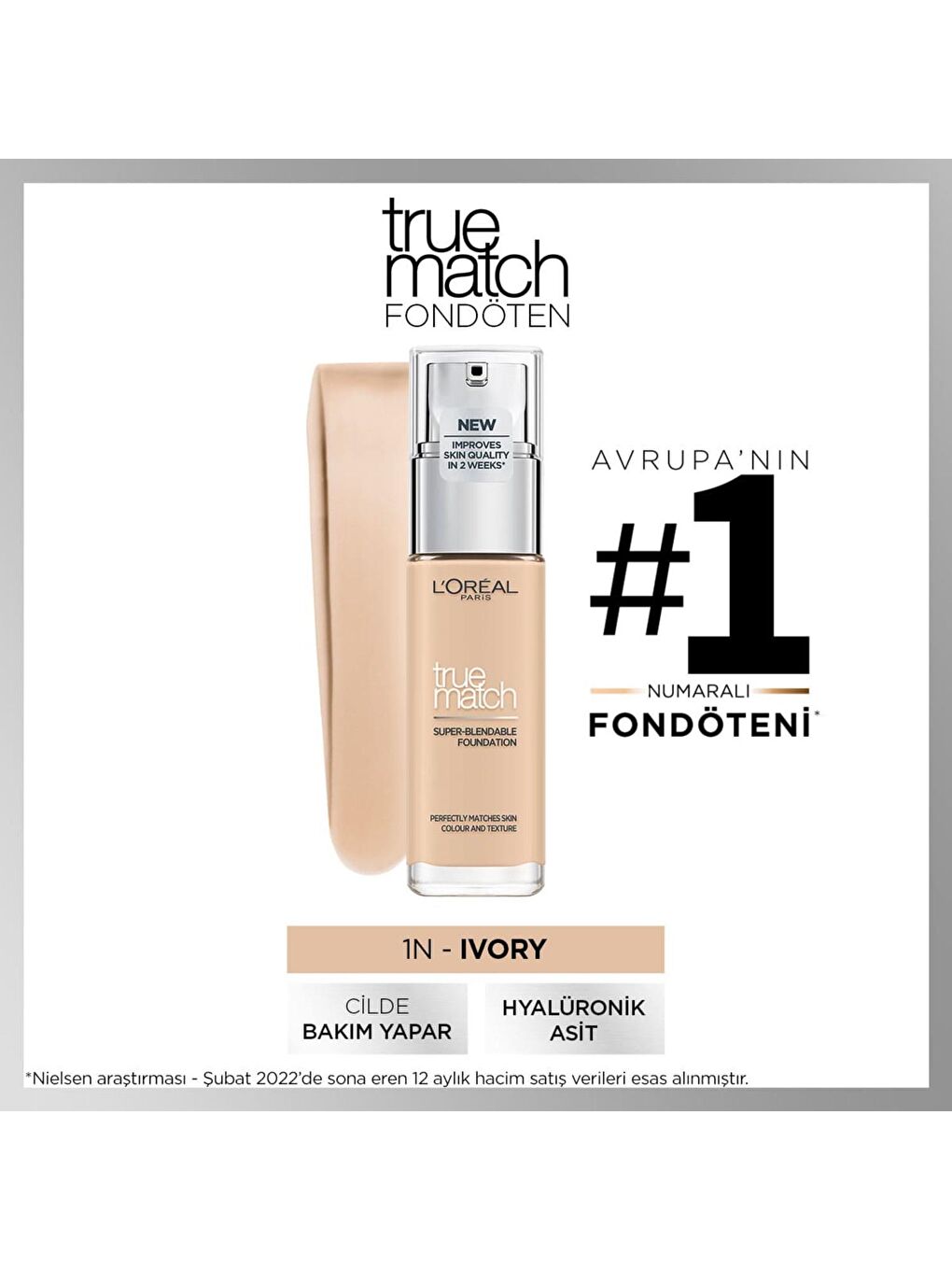 L'Oreal Paris Nude True Match Bakım Yapan Fondöten 1N Ivory (30 ml)