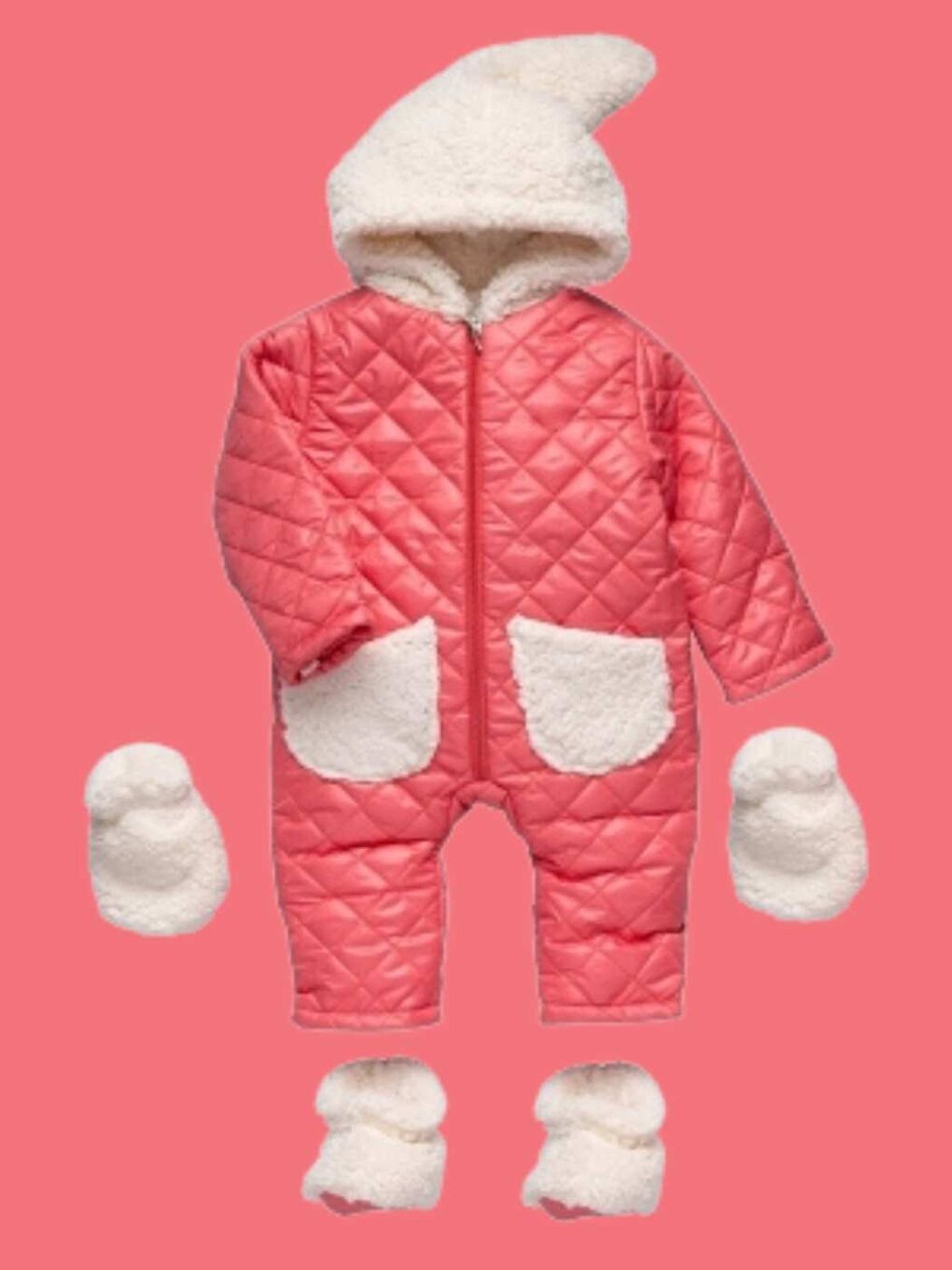 Kırmızı Bebe Tulum Şapkalı  Kapitone Kozmonot