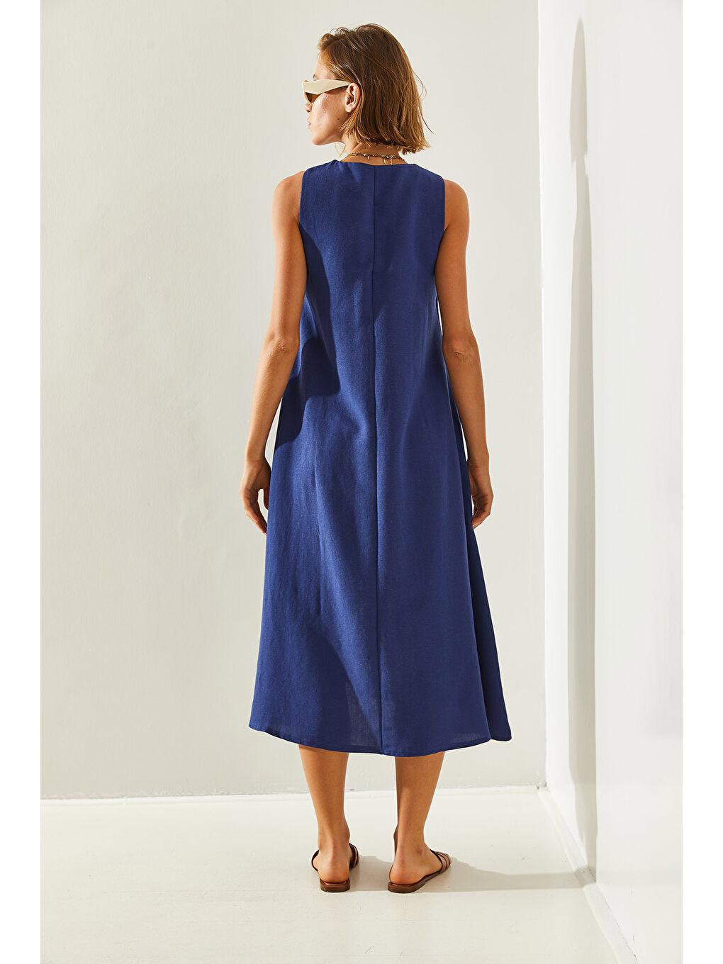 Lacivert Kadın V Yaka Yırtmaçlı Cepli Basic Keten Görünümlü Fr Elbise-6