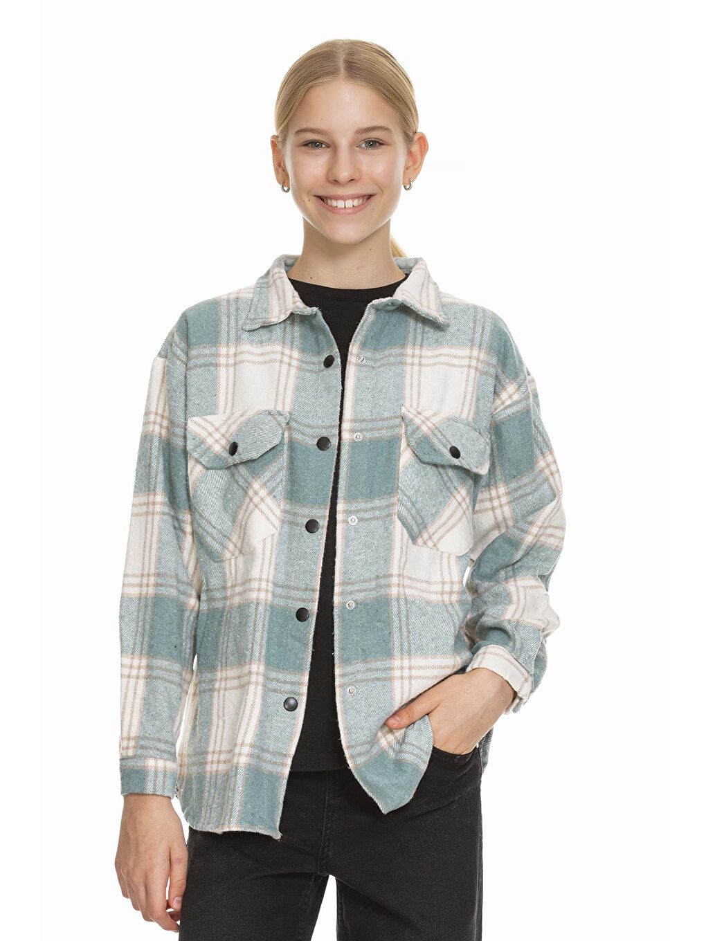 Yeşil Kız Çocuk Sırtı Pileli Ekose Gömlek 9-14 Yaş Lx170