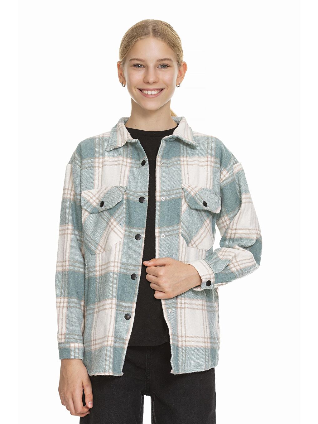 Yeşil Kız Çocuk Sırtı Pileli Ekose Gömlek 9-14 Yaş Lx170-1