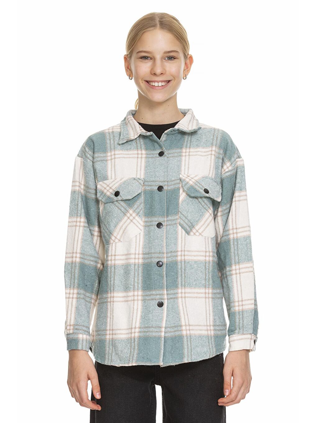 Yeşil Kız Çocuk Sırtı Pileli Ekose Gömlek 9-14 Yaş Lx170-2