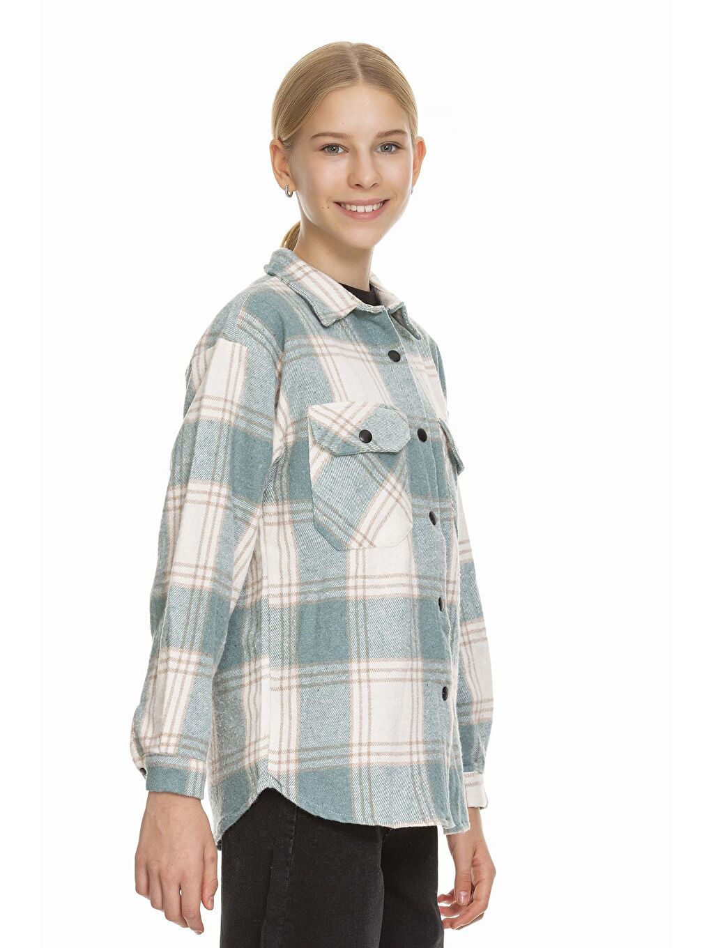 Yeşil Kız Çocuk Sırtı Pileli Ekose Gömlek 9-14 Yaş Lx170-3
