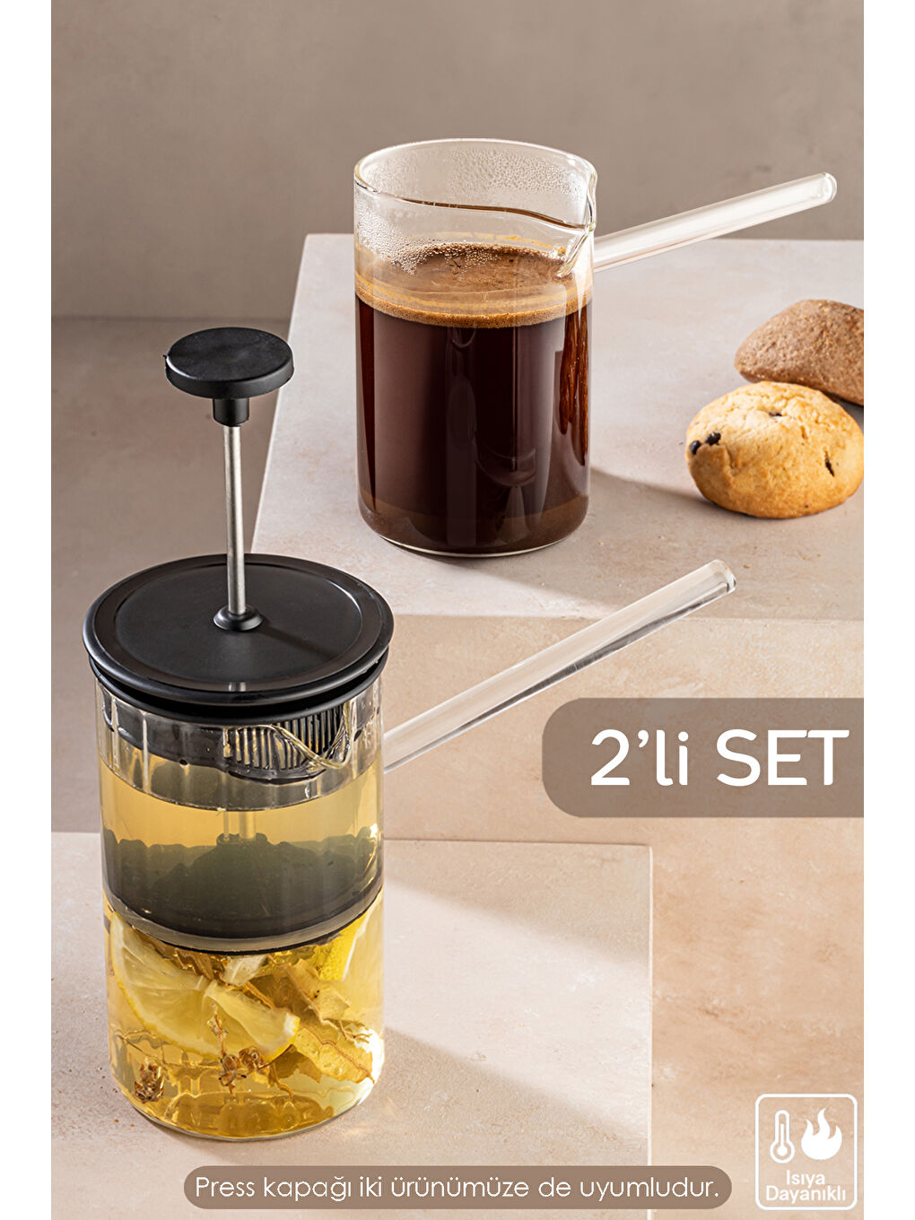 Meleni Home Şeffaf 2'li Set Ateşe Dayanıklı Cam Bitki Çayı Filtre Kahve French Press Cezve Takımı