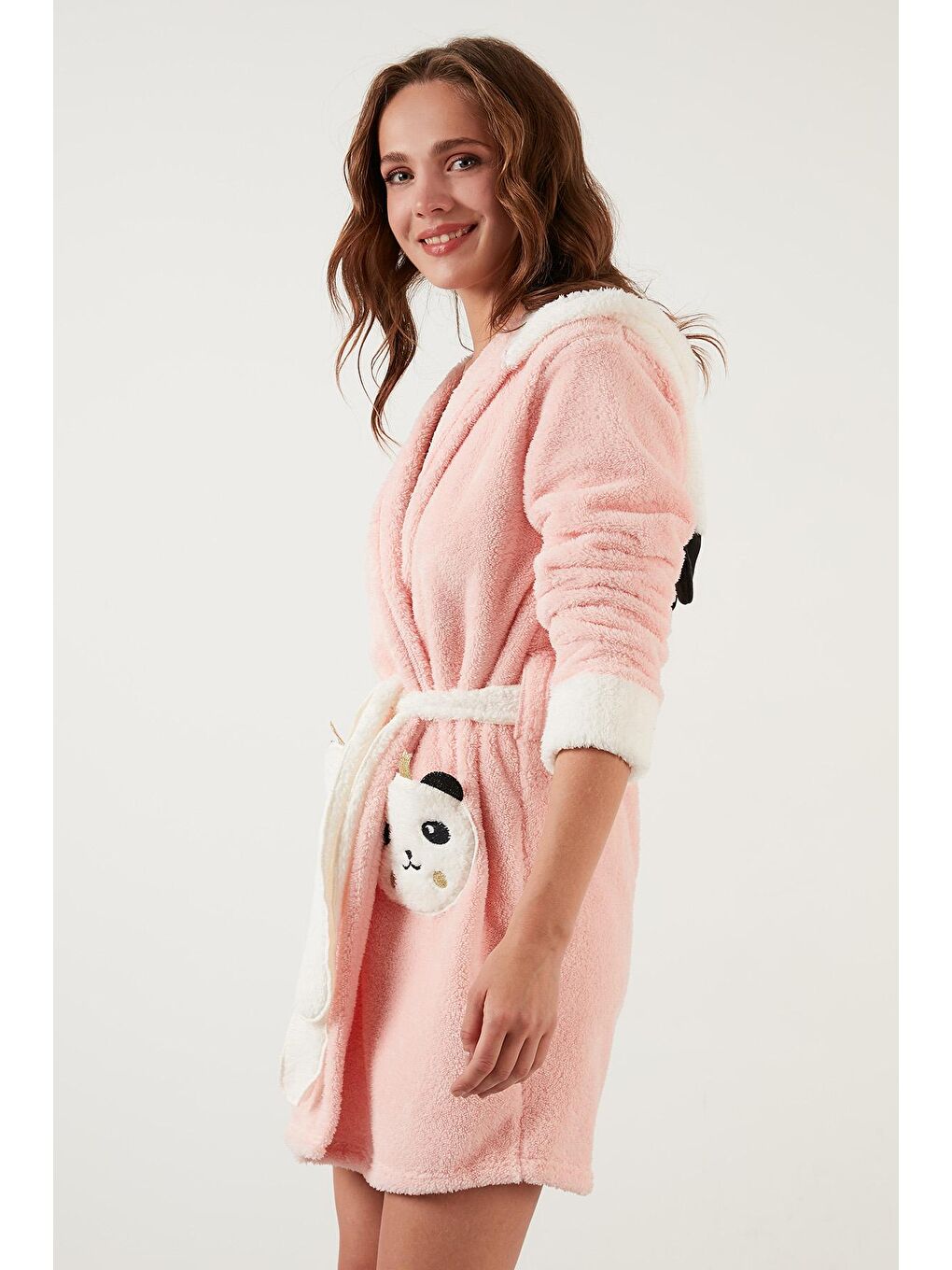 Turuncu Belden Bağlamalı Kapüşonlu Cepli Peluş Sabahlık 6093040PANDA-1