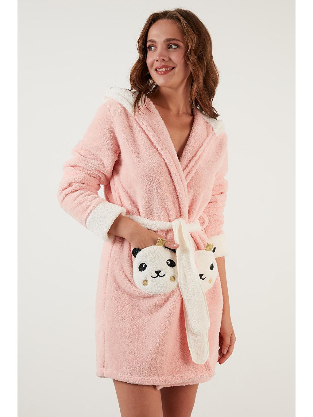 Turuncu Belden Bağlamalı Kapüşonlu Cepli Peluş Sabahlık 6093040PANDA-3