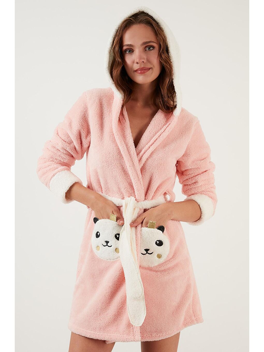 Turuncu Belden Bağlamalı Kapüşonlu Cepli Peluş Sabahlık 6093040PANDA-4