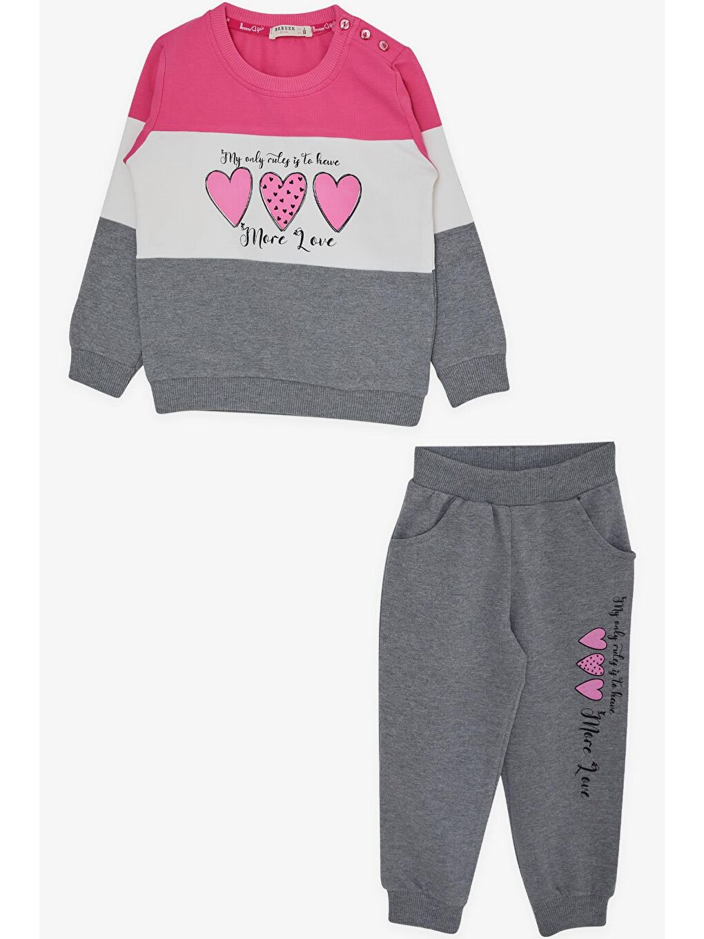 Kız Çocuk Eşofman Takımı Blok Desenli Kalp Baskılı Pembe (2-5 Yaş)