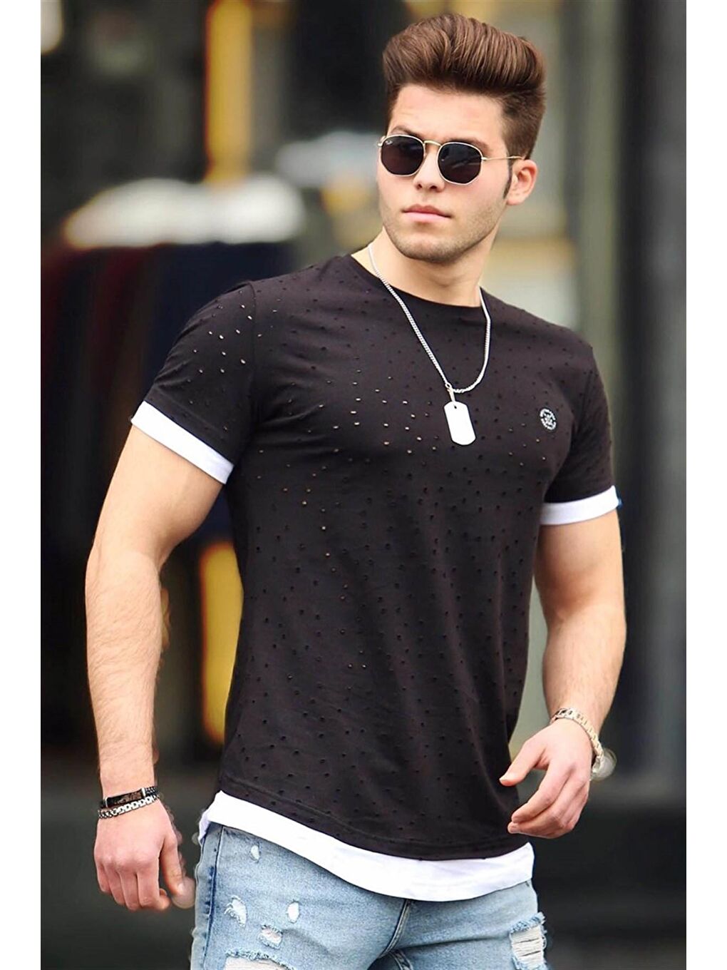 Siyah Yırtık Detaylı Erkek Tişört 4489