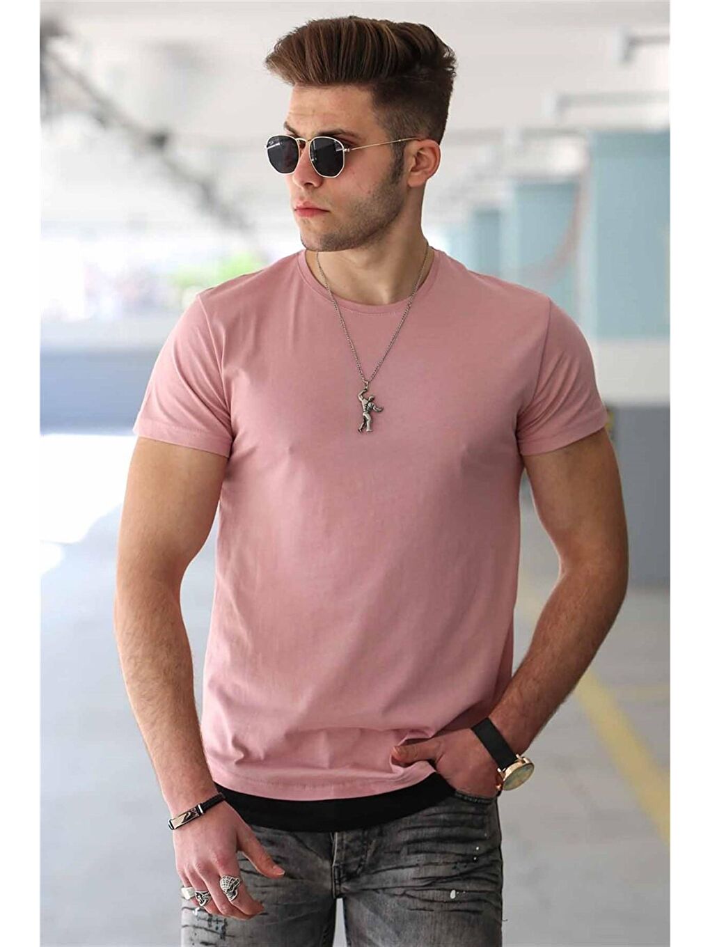 Pembe Basic Pudra Erkek Tişört 4465