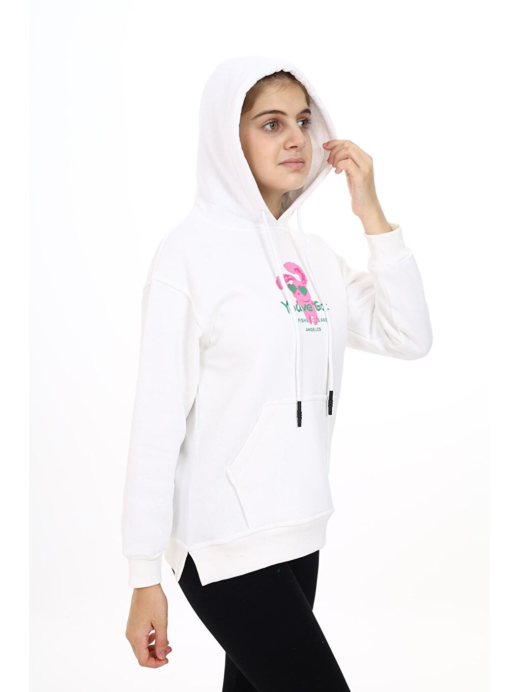 Beyaz Kız Çocuk Kanguru Cepli Kapüşonlu Sweatshirt Hoodie 7-13 Yaş Lx278