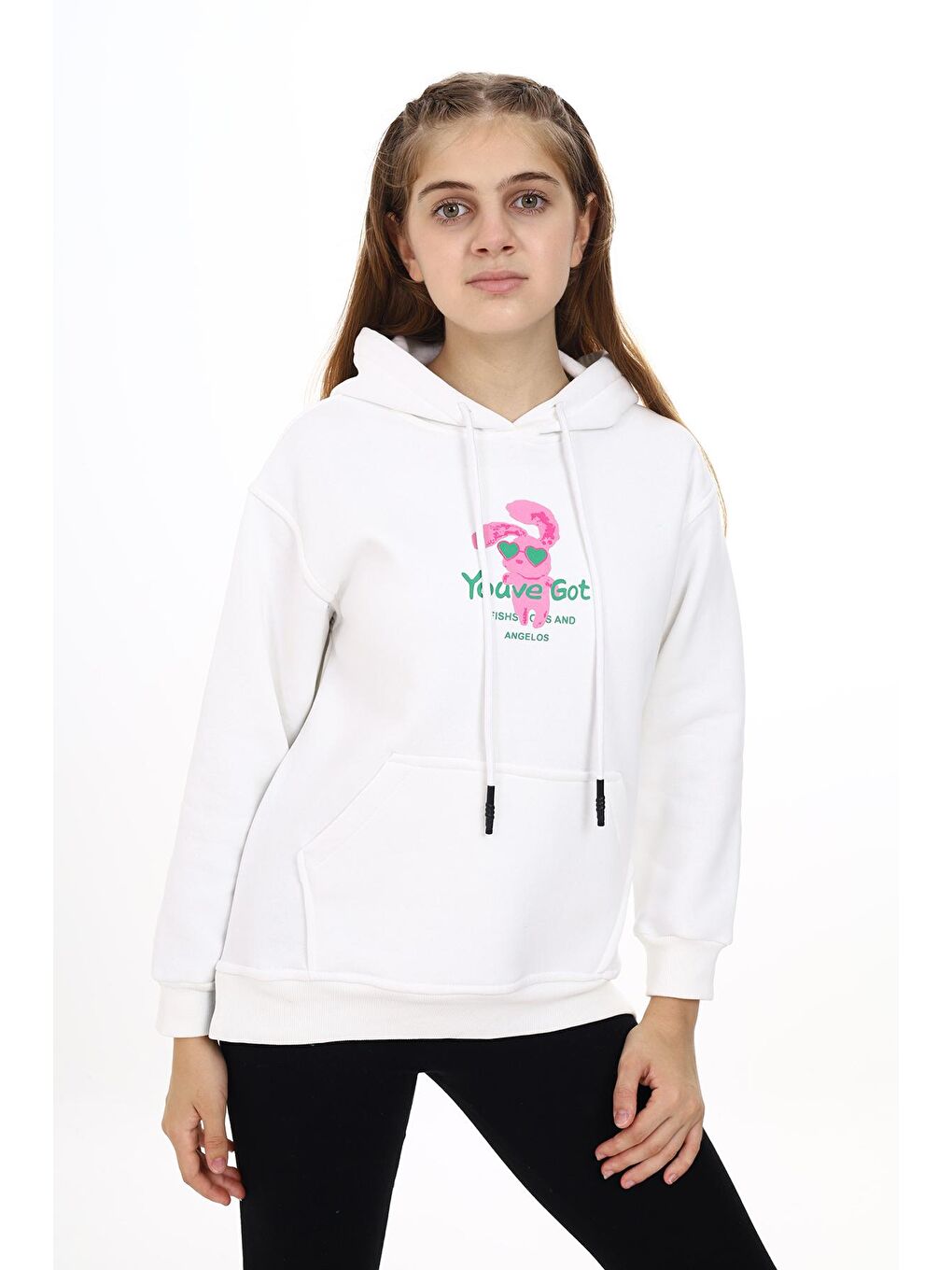 Beyaz Kız Çocuk Kanguru Cepli Kapüşonlu Sweatshirt Hoodie 7-13 Yaş Lx278-1