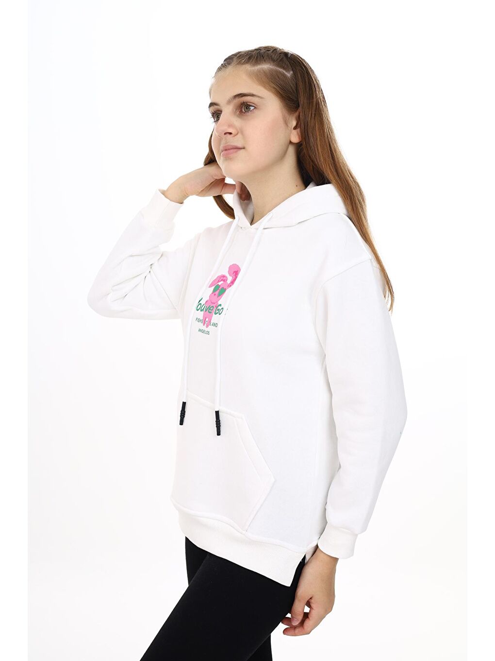 Beyaz Kız Çocuk Kanguru Cepli Kapüşonlu Sweatshirt Hoodie 7-13 Yaş Lx278-2