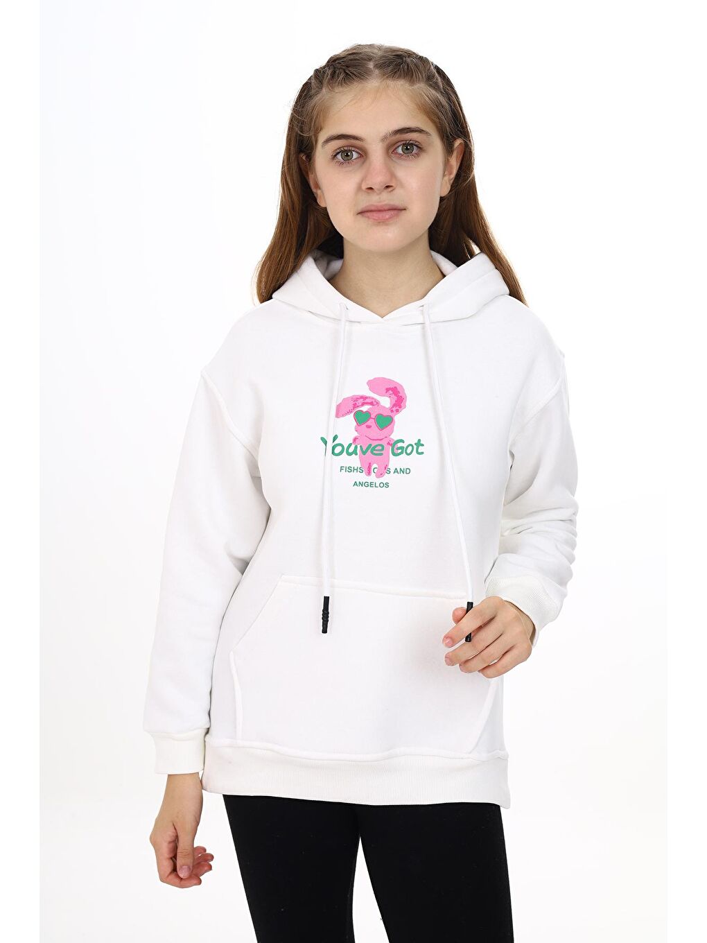 Beyaz Kız Çocuk Kanguru Cepli Kapüşonlu Sweatshirt Hoodie 7-13 Yaş Lx278-3
