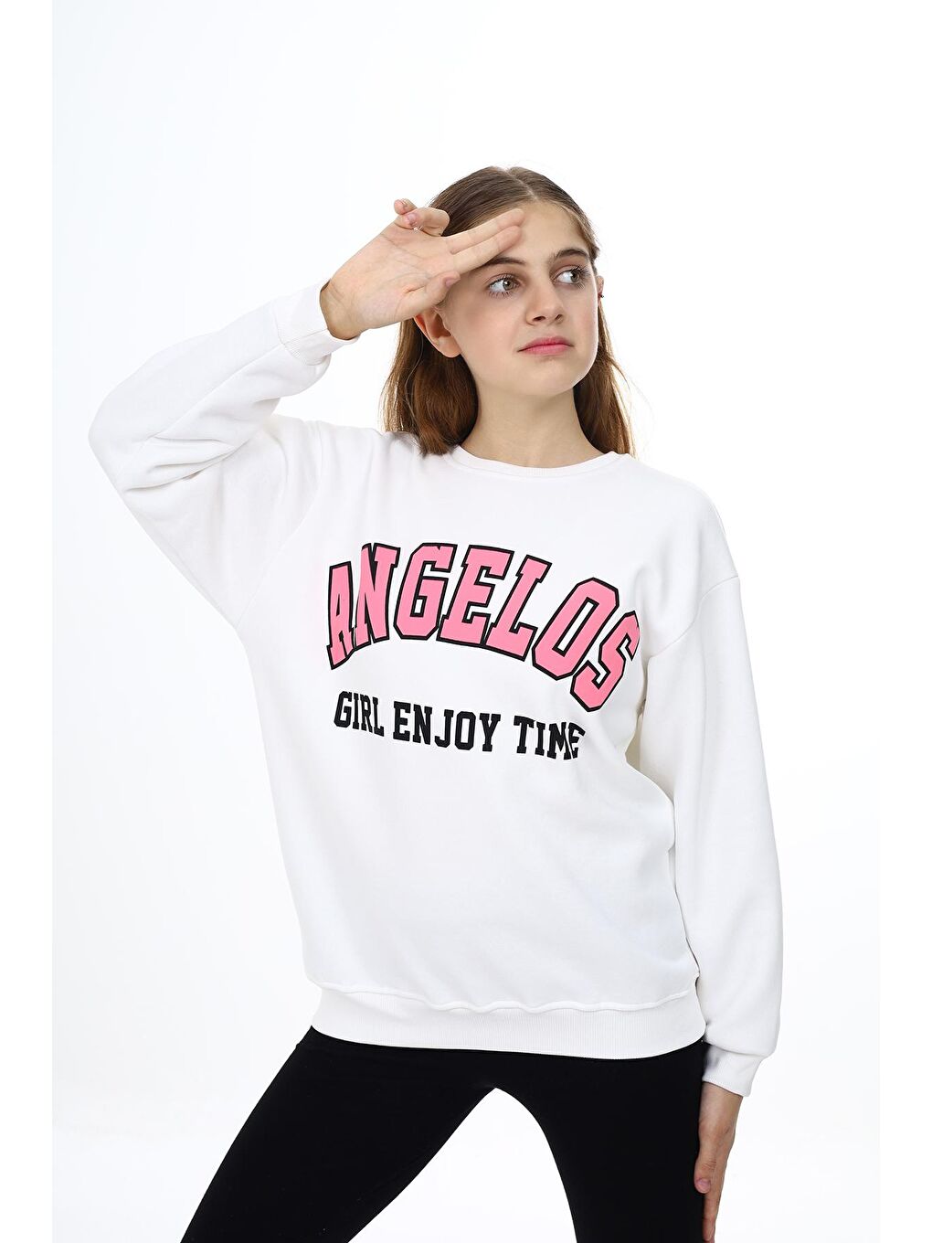 Beyaz Kız Çocuk Yazı Baskılı 3 İplik Sweatshirt 7-13 Yaş Lx289
