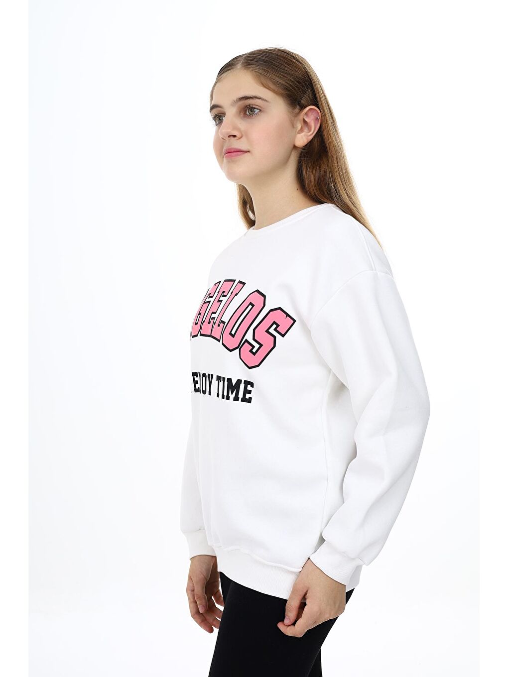 Beyaz Kız Çocuk Yazı Baskılı 3 İplik Sweatshirt 7-13 Yaş Lx289-1