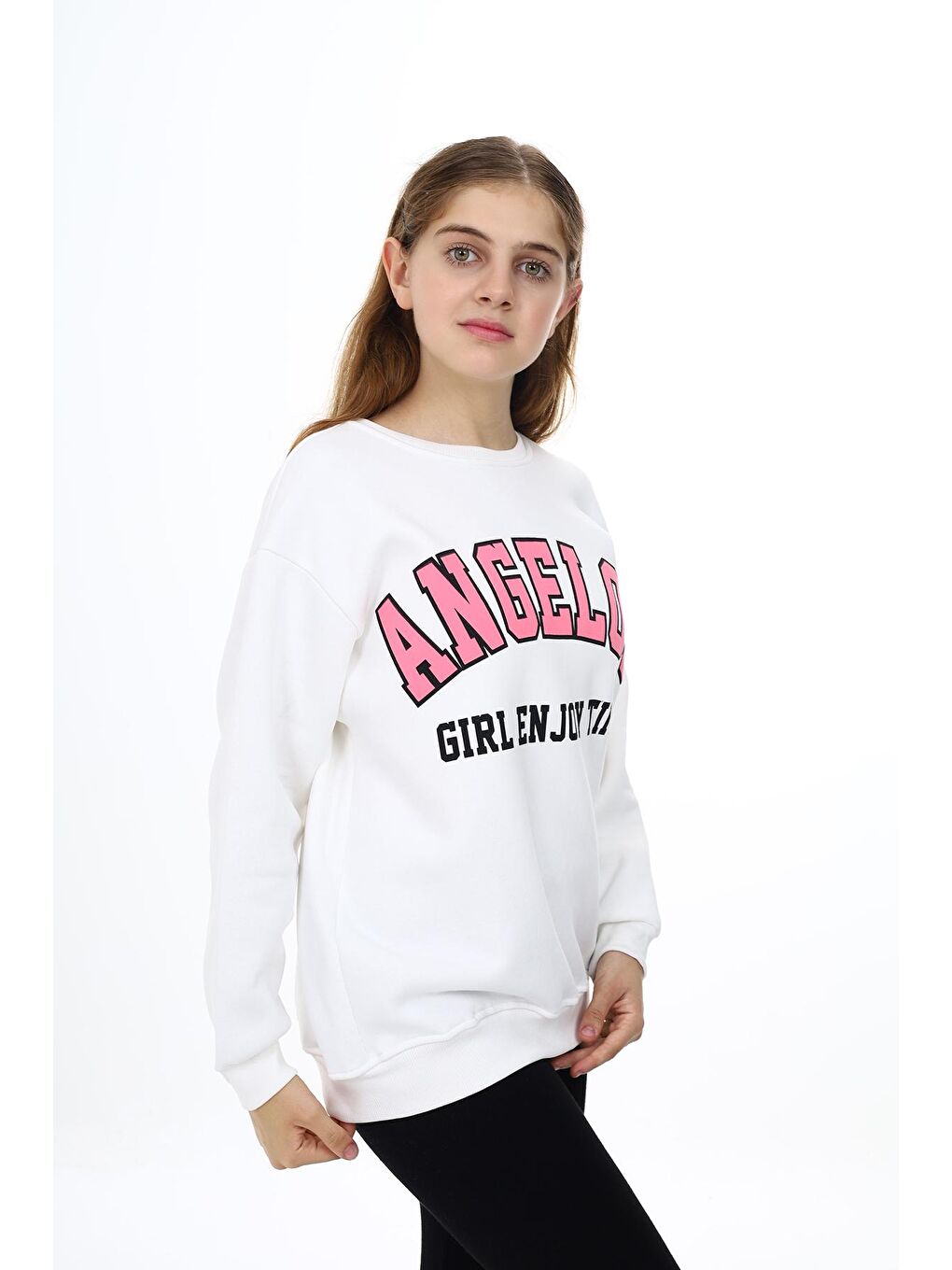Beyaz Kız Çocuk Yazı Baskılı 3 İplik Sweatshirt 7-13 Yaş Lx289-2