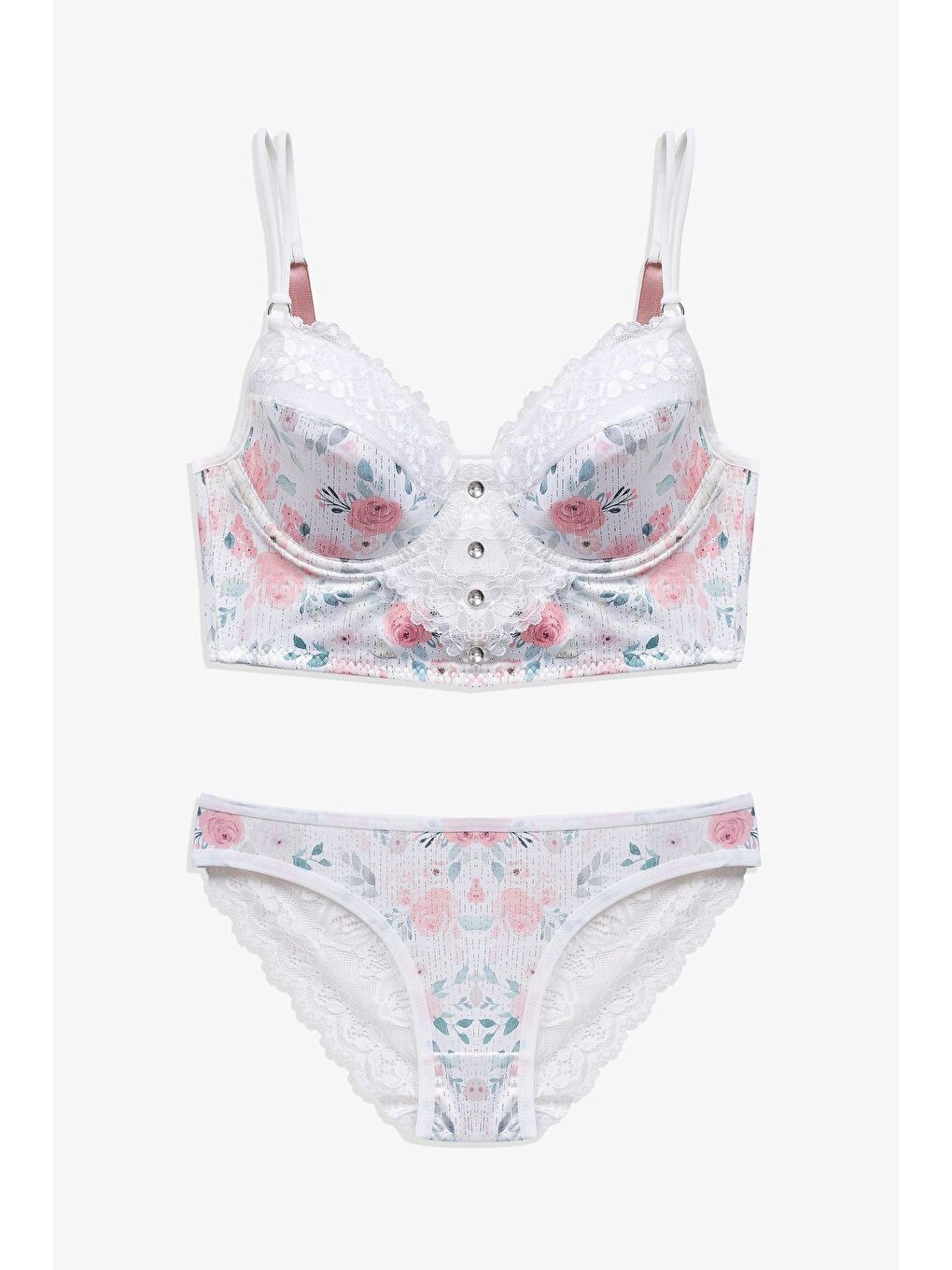 Ekru Kadın Işıltılı Desenli Düğmeli Dantel Detaylı Büstiyer Takım