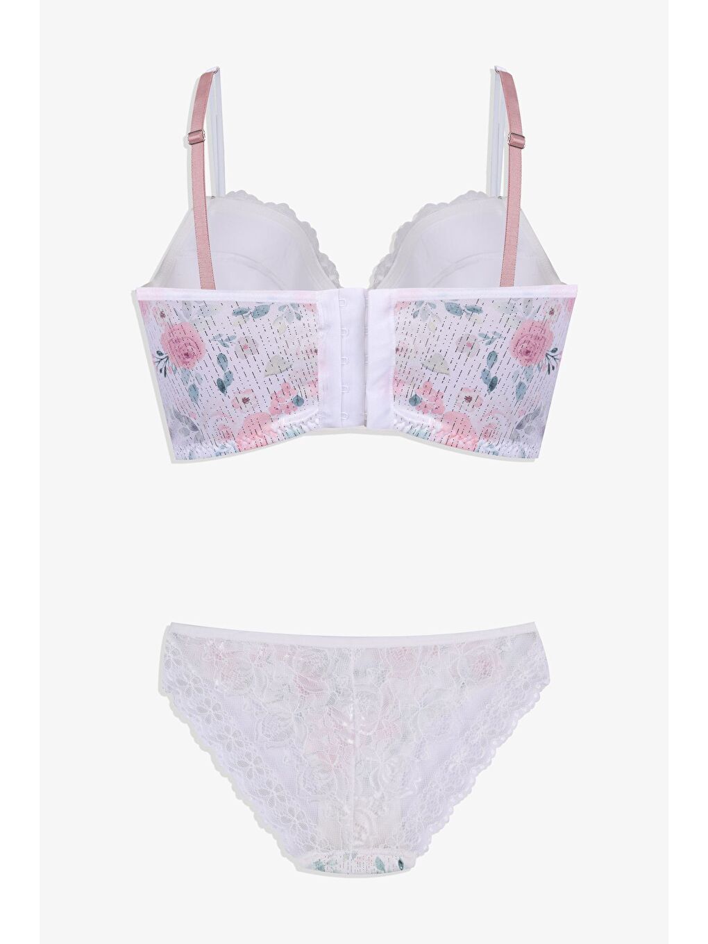 Ekru Kadın Işıltılı Desenli Düğmeli Dantel Detaylı Büstiyer Takım-1