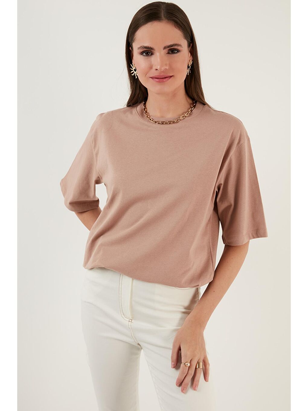 Lela Bej Pamuklu Oversize Bisiklet Yaka T Shirt 5864562 - 5