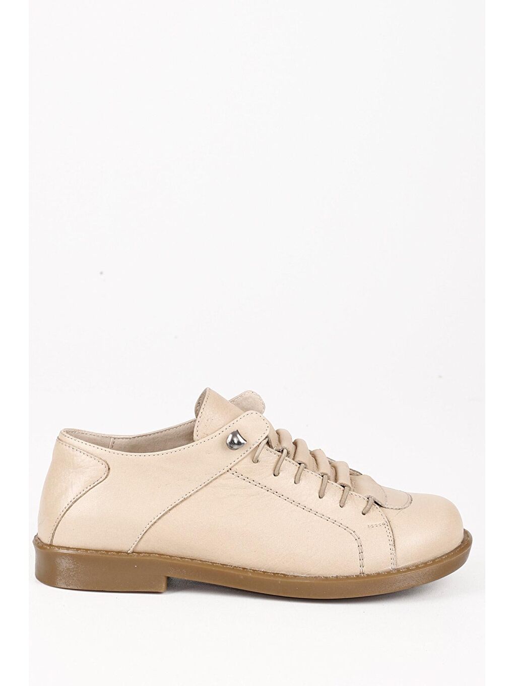 Bej Gön Hakiki Deri Yuvarlak Burun Bağcıklı Kadın Ayakkabı 24228-3