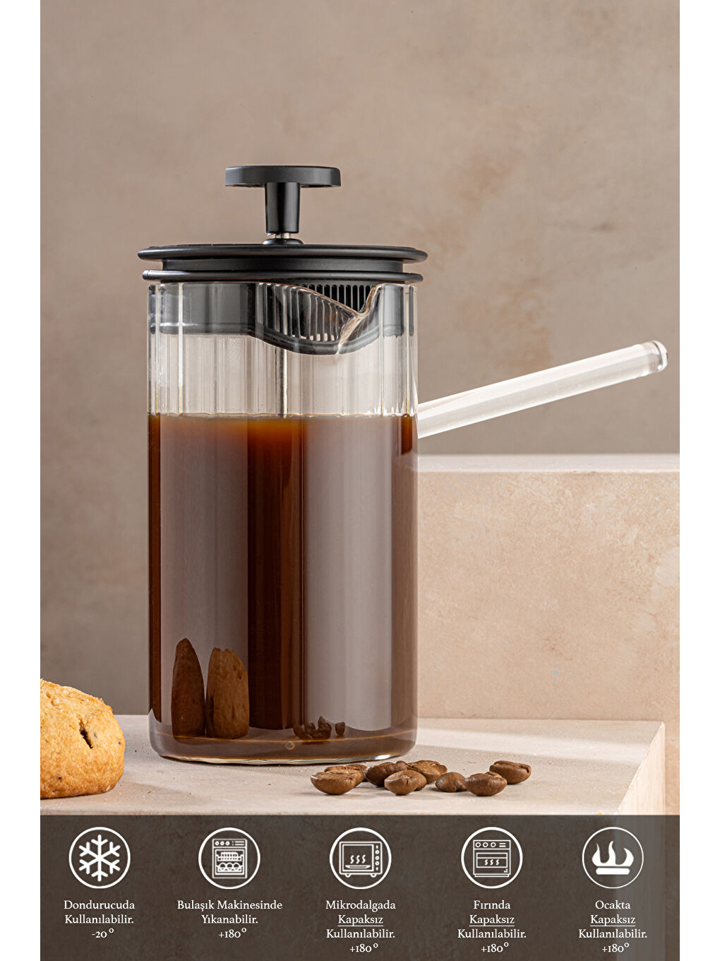 Meleni Home Şeffaf Ateşe Dayanıklı Cam French Press - Bitki Çayı Filtre Kahve Demliği 450 Ml - 1