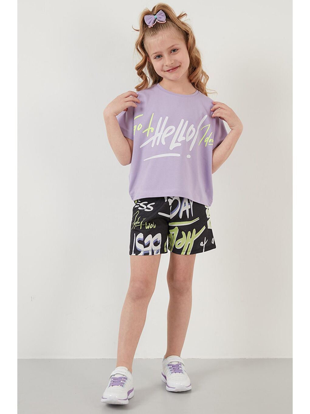 Mor Pamuklu Desenli Bisiklet Yaka Şortlu Takım 6189534-1