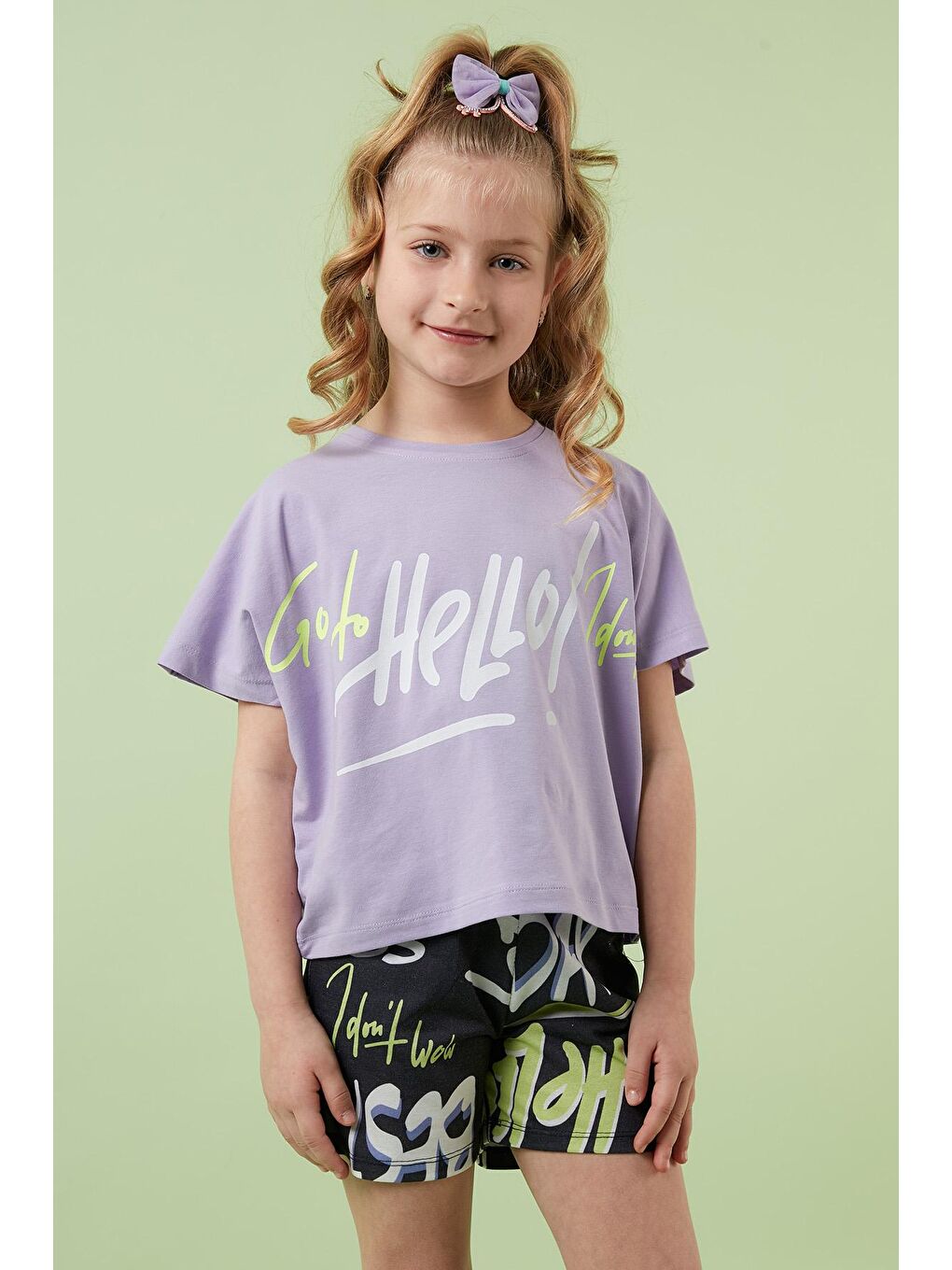 Mor Pamuklu Desenli Bisiklet Yaka Şortlu Takım 6189534-2