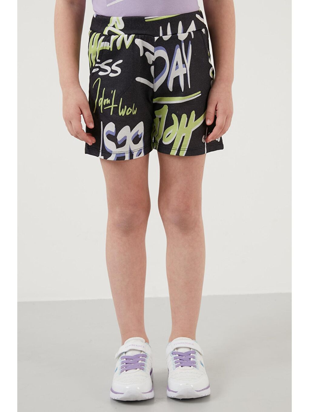 Mor Pamuklu Desenli Bisiklet Yaka Şortlu Takım 6189534-3