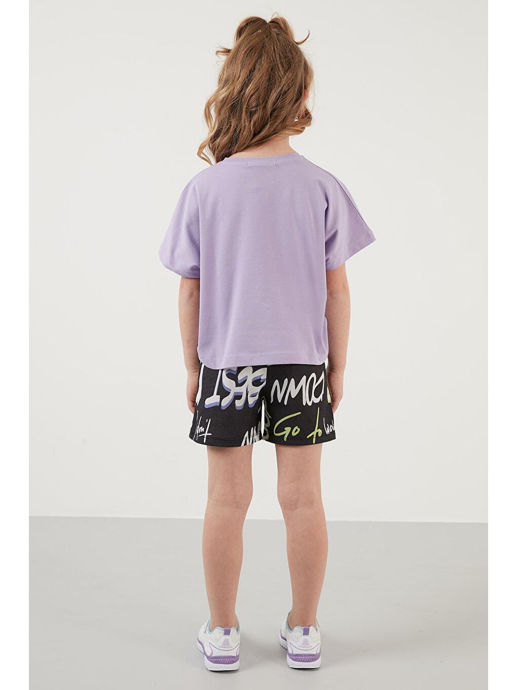 Mor Pamuklu Desenli Bisiklet Yaka Şortlu Takım 6189534-4